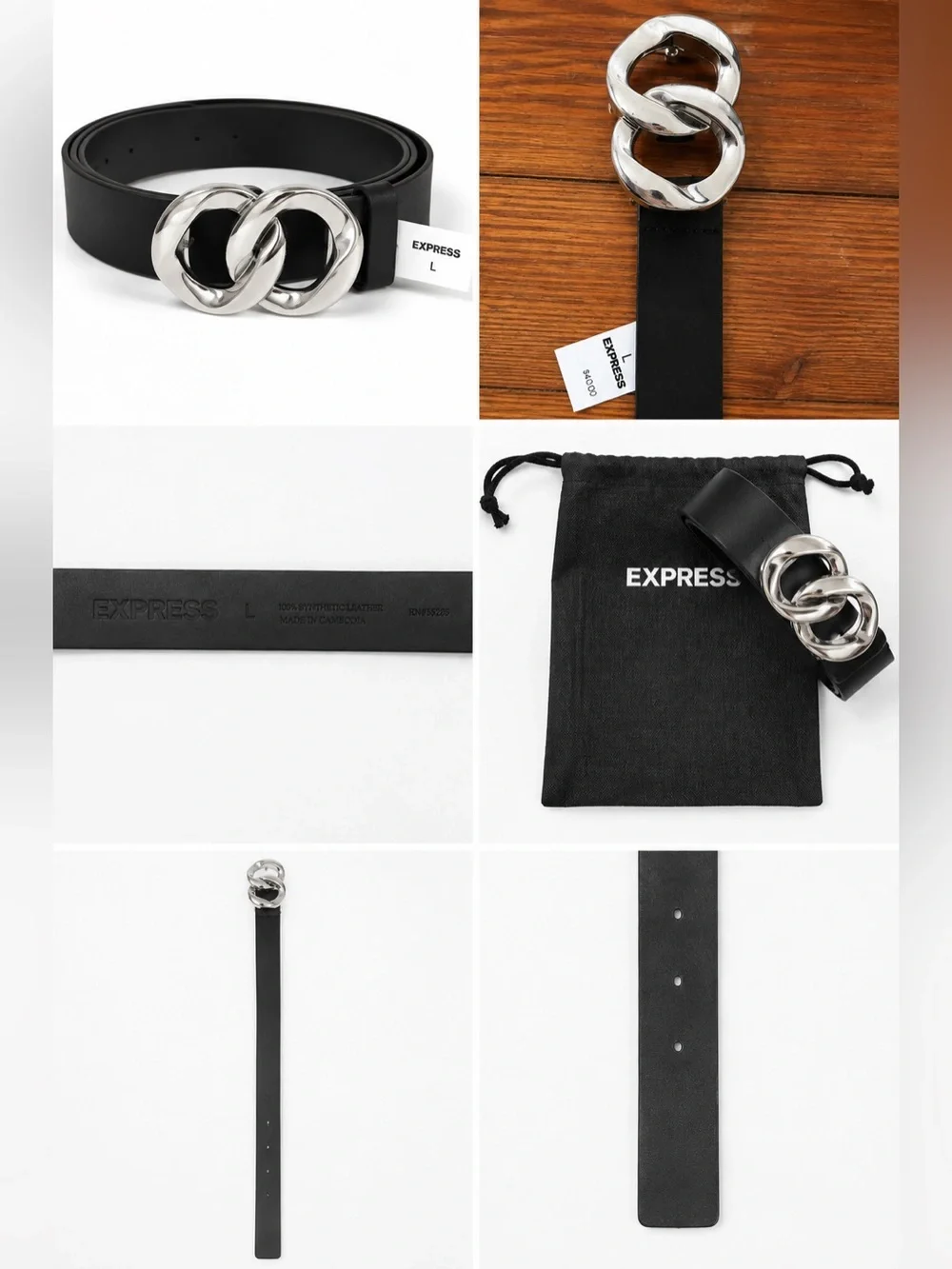 Express Women’s  Black Leather Belt with Silver Interlocking Buckle